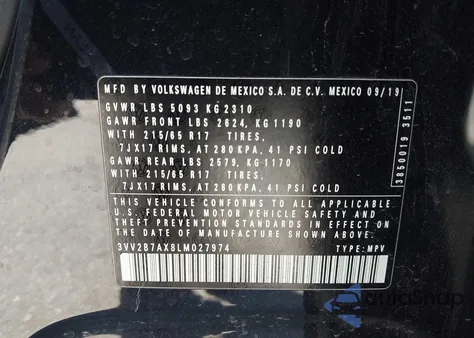 2020 Volkswagen Tiguan 2.0T Se/2.0T Se R-Line Black/2.0T Sel z USA, uszkodzony, nr VIN 3VV2B7AX8LM027974